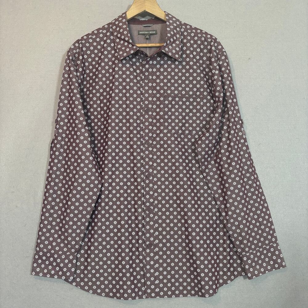 Geoffrey Beene Geometric Shirt Maroon White Button Up Long Sleeve Large NWT